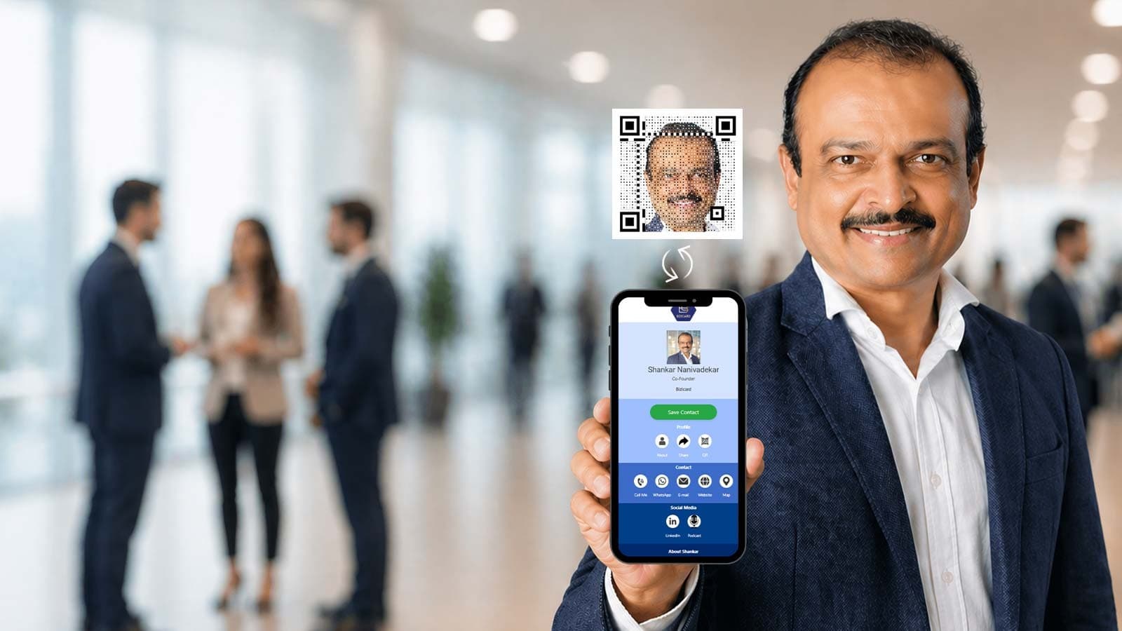 Professional holding up a Bizicard digital visiting card